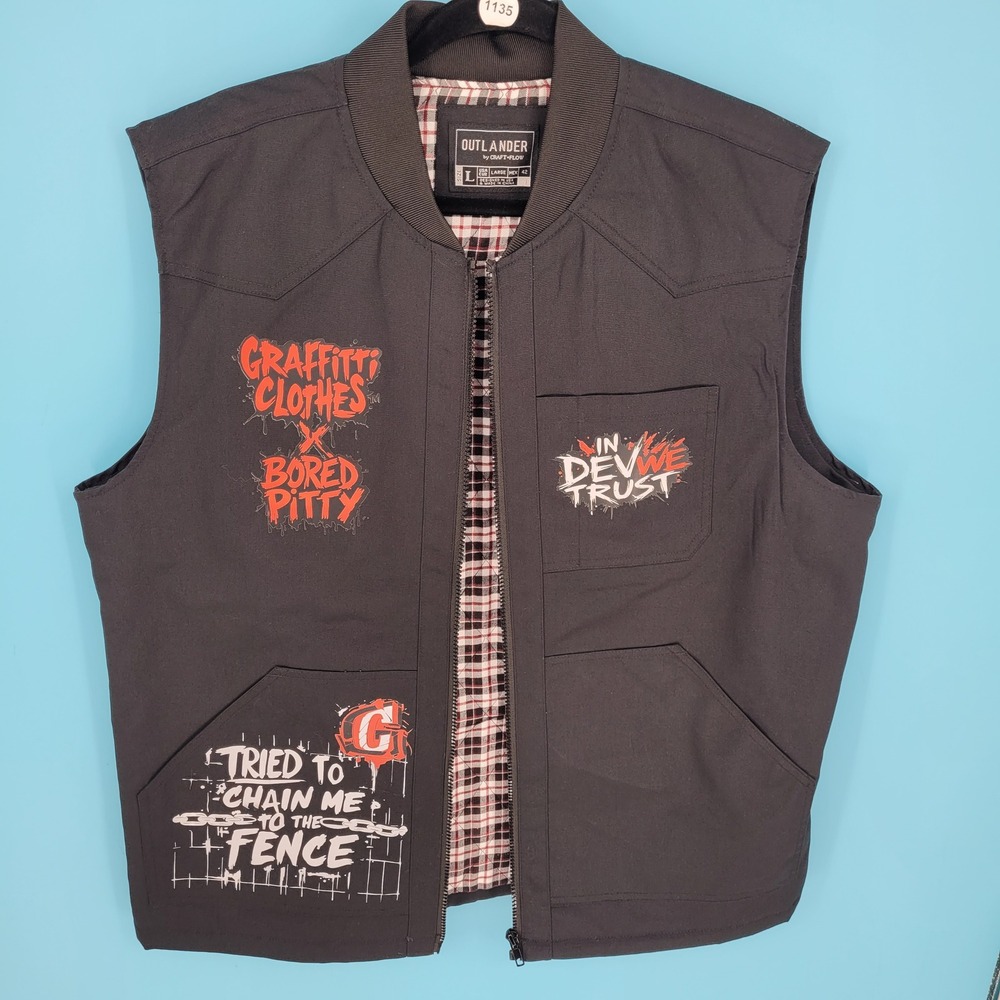 Custom Punk Streetwear Outlander Black Canvas Vest Plaid Graffiti Patches Biker - Picture 2 of 9